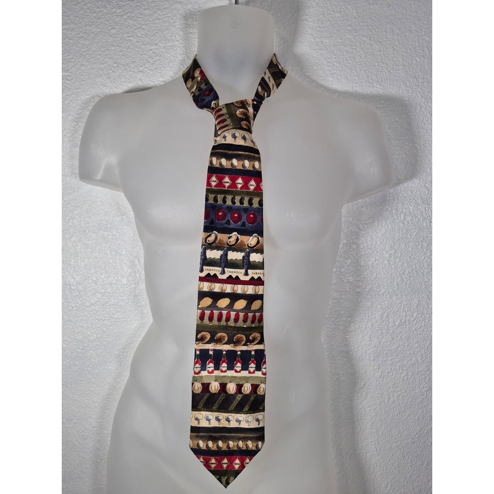 Vintage Tabasco Mens Silk Novelty Tie Seafood Shrimp Hot Sauce Print Multi Color